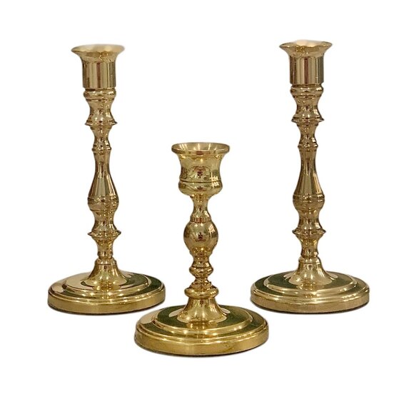 3 Vintage Baldwin Polished Brass Candlestick Holder Set ( 7”, 4.75) Table Décor - Picture 1 of 15